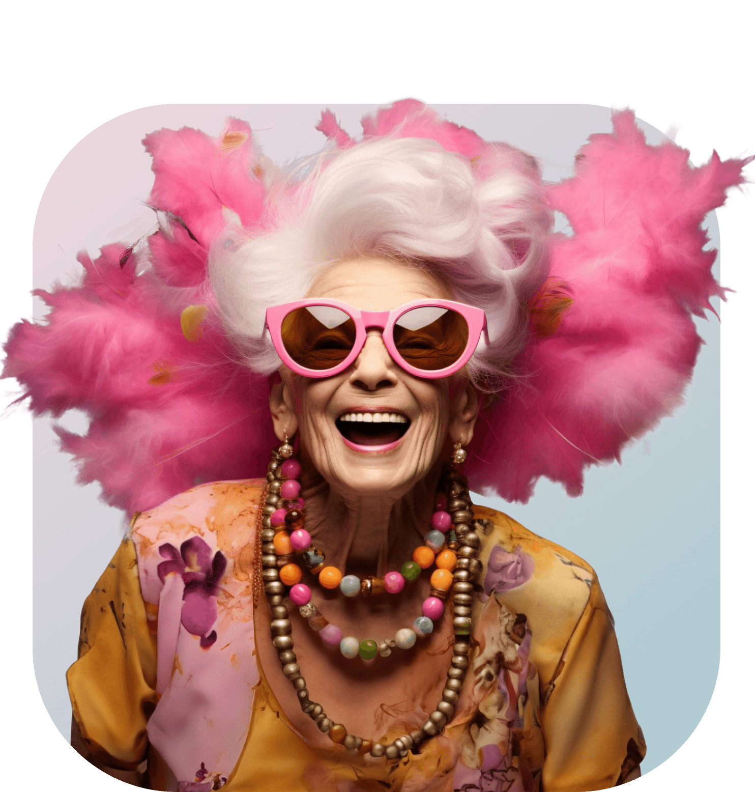 Stylish elderly woman with pink sunglasses and colorful accessories, laughing joyfully