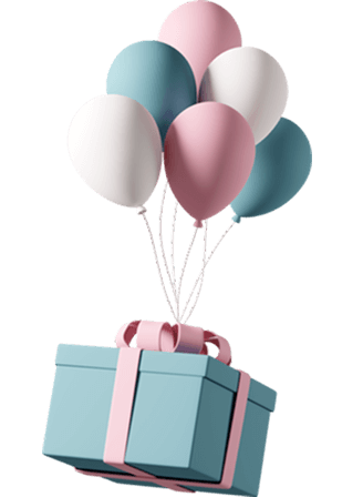 Blue gift box lifted by pink, white, and teal balloons