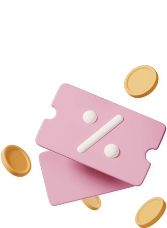 Pink percentage ticket with golden coins, indicating discounts or rewards