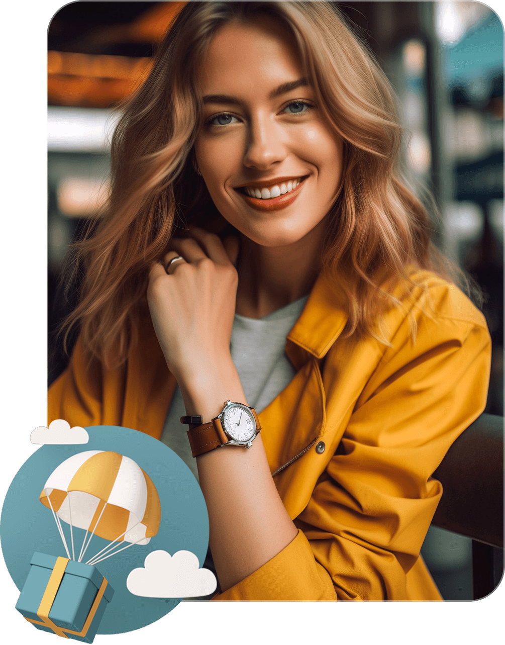 Woman confirming delivery of her smartwatch with a gift parachute icon