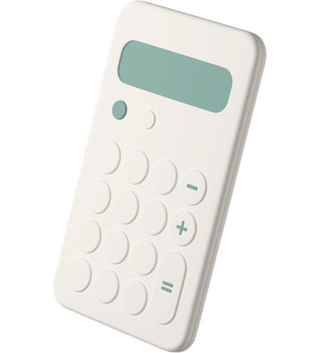 3D side view of a minimalist white calculator with soft green screen and round buttons