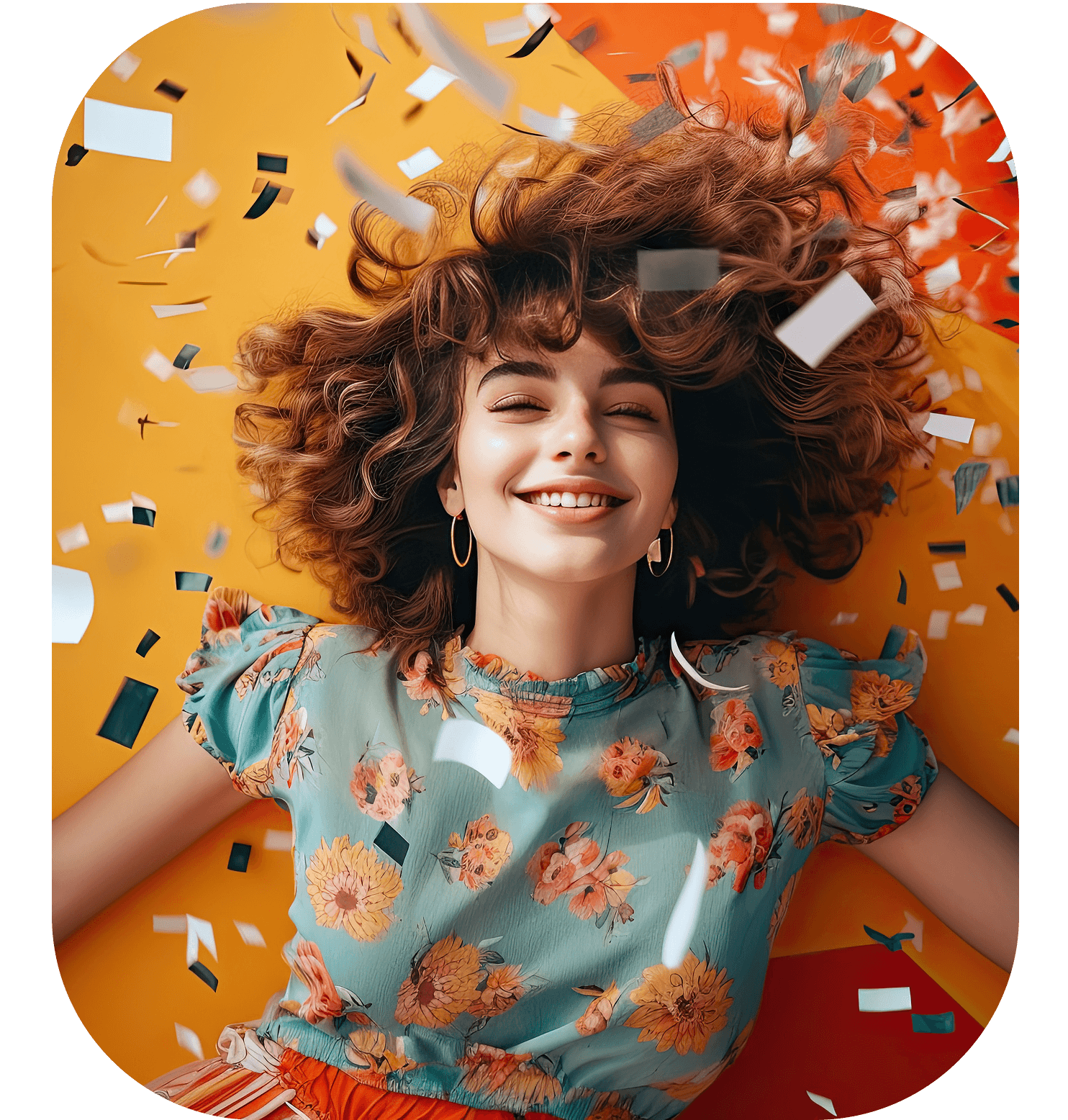 Joyful woman lying on a vibrant orange background, surrounded by falling confetti, celebrating after being selected as a winner