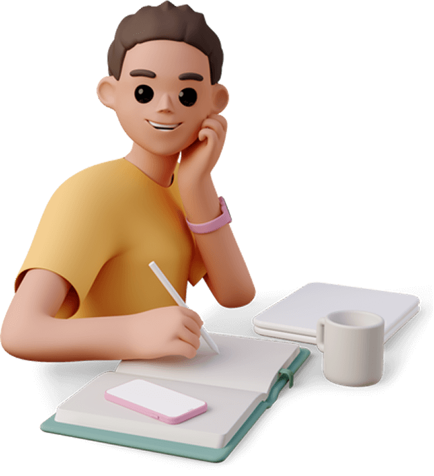 3D illustration of a smiling character writing in a notebook, with coffee mug and smartphone on the desk